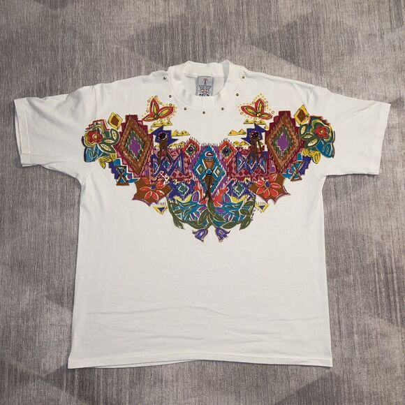 Vtg 90s Native American KWBL T-Shirt L RARE Tassel Tee - Picture 2 of 8